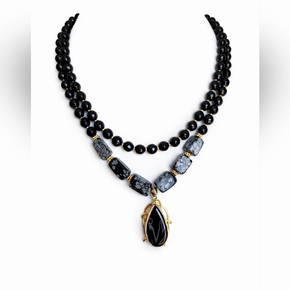 Snowflake Obsidian Necklace Black Stone Gold Tone Boho Statement Double Strand